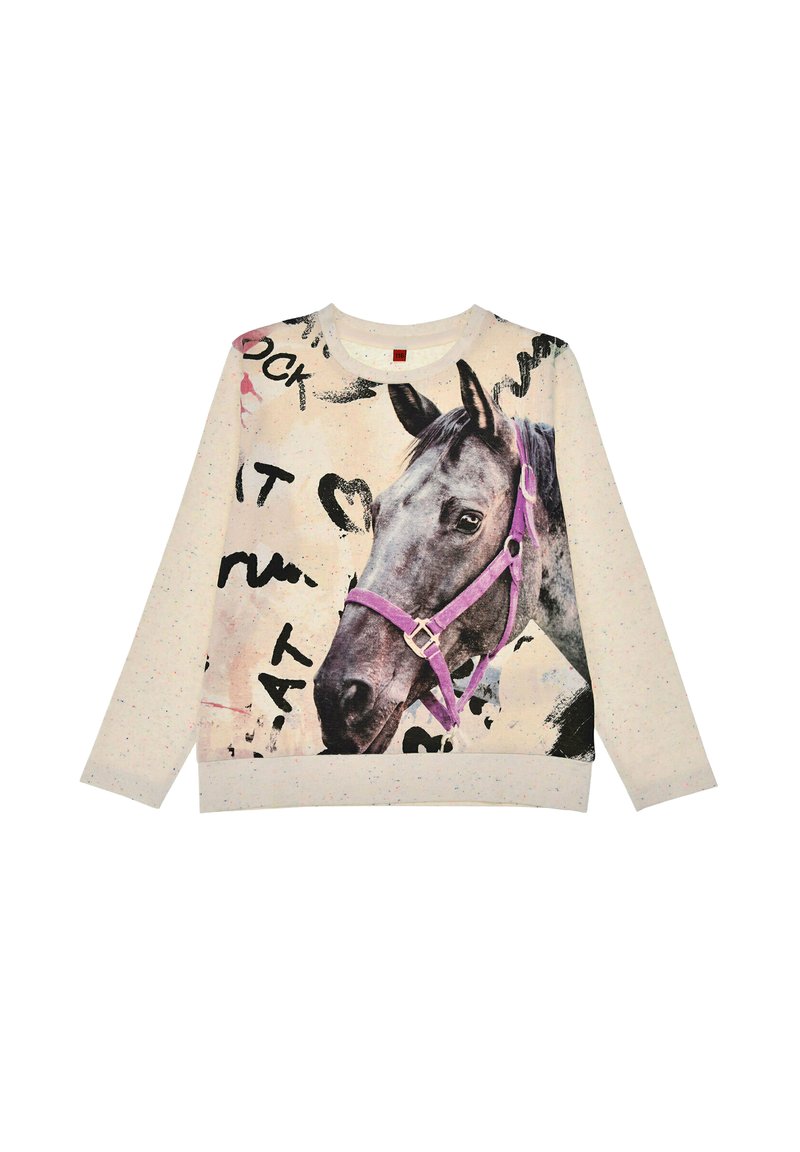 Sweatshirt mit einem Grafikdesign eines Pferdekopfes, cremefarben mit gesprenkelter Textur, rundem Ausschnitt, langen Ärmeln und schwarzen Textelementen.