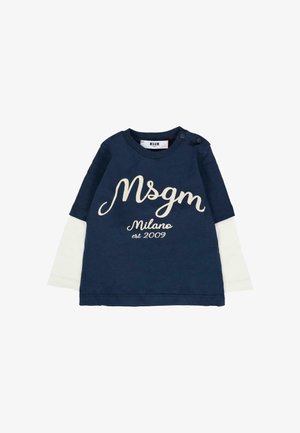 Granatowa i biała dziecięca koszula z długim rękawem z napisem "Msgm Milano est 2009", okrągłym dekoltem i zapięciem na guziki na ramieniu.