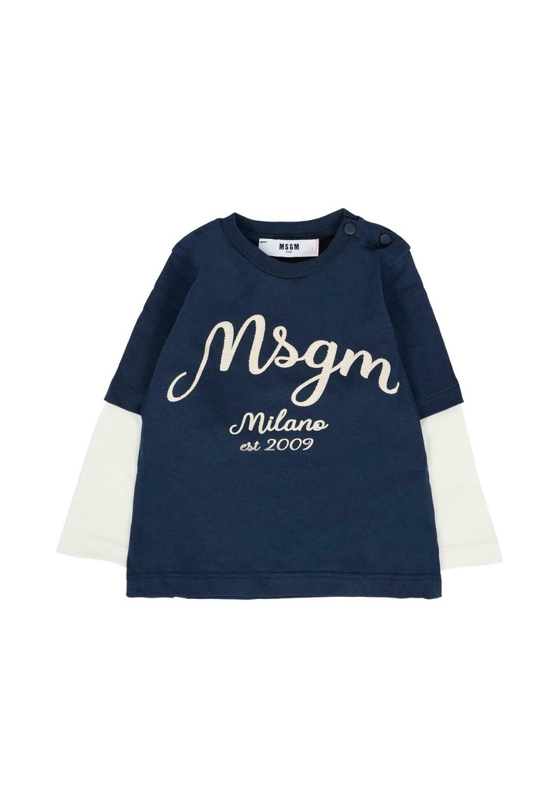 Marineblauwe en witte kinderoverhemd met lange mouwen, voorzien van de tekst "Msgm Milano est 2009", ronde halslijn en knoopsluiting op de schouder.