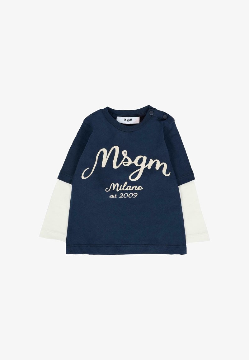 Marineblauwe en witte kinderoverhemd met lange mouwen, voorzien van de tekst "Msgm Milano est 2009", ronde halslijn en knoopsluiting op de schouder.