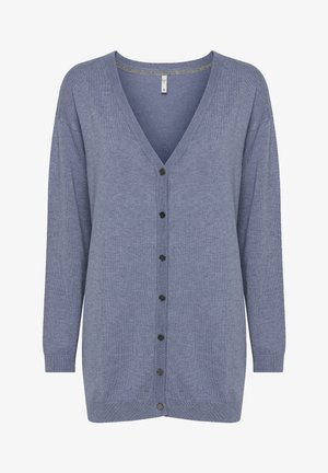 Cardigan a maniche lunghe in morbido knit blu chiaro, caratterizzato da scollo a V, chiusura con bottoni neri e polsini e orlo a coste.