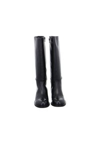 Tall black leather boots with side zippers, round toes, and low heels, standing upright on a white background.