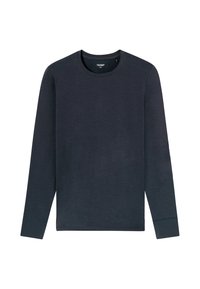 Sweatshirt navy a maniche lunghe realizzato in tessuto morbido. Presenta un colletto a girocollo, orlo dritto e cuciture a contrasto sottili sulle maniche.