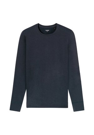Navy sweatshirt met lange mouwen van zachte stof. Beschikt over een ronde hals, rechte zoom en subtiele contraststiksels op de mouwen.