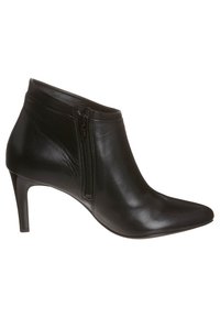 Botines de cuero negro hasta el tobillo con punta afilada y cremallera lateral; cuentan con un tacón alto y delgado y un acabado suave.
