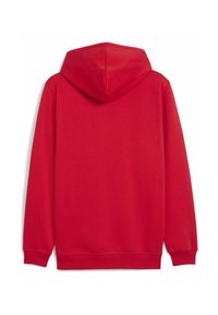 Rode hoodie met een capuchon, lange mouwen en geribbelde manchetten. Glad stoffen textuur in een effen kleur, zonder patronen of versieringen.