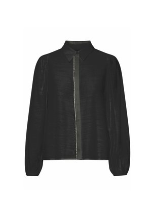 Black blouse with a collared neck, long puffed sleeves, and a front button closure featuring a thin contrasting strip and decorative beads.