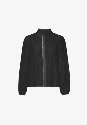 Svart blus med krage, långa puffärmar och knäppning framtill med en tunn kontrasterande remsa och dekorativa pärlor.