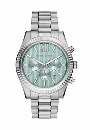 Srebrny metalowy zegarek na rękę Michael Kors z turkusową teksturowaną tarczą, rzymską cyfrą XII, trzema subtarczami, okienkiem daty i bransoletą z ogniw.