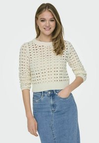 Gehaakte crèmekleurige trui met opengewerkte patroon, geribbelde ronde hals en mouwen, gedragen met een high-waisted denim rok. Details omvatten lange mouwen.