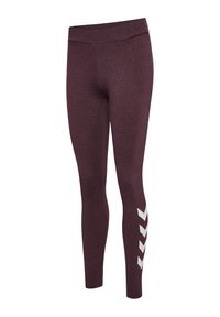 Bordeaux-farvede leggings i fuld længde med høj talje og hvidt chevron-logo på nederste højre ben.