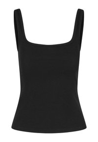 Top de tirantes negro con textura acanalada, escote cuadrado y tirantes anchos. La tela es suave y ajustada, con un ligero entallado en la cintura.