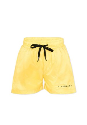 Felgele korte broek met elastische tailleband en zwarte trekkoord, met het "John Richmond" logo op het rechteronderbeen.