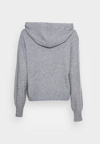 Hoodie en tricot gris clair à manches longues avec poignets et ourlet côtelés, montré de dos sur un fond blanc.