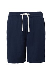 Shorts bleu marine en tissu texturé, avec une taille à cordon de serrage et des accents blancs. Longueur courte et coupe décontractée.