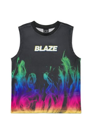Top nero senza maniche in rete con motivo a fiamme colorate in verde, blu, rosa e giallo, con la scritta audace "BLAZE" sul petto.