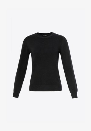 Zwarte gebreide trui met lange mouwen, ronde halslijn, ribbelboorden en zoom. Heeft een subtiel merkteken aan de onderste kant. Zachte textuur.