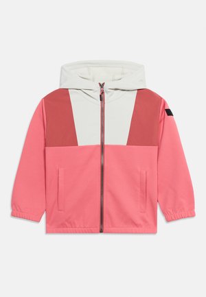 Kinderjas met capuchon en rits aan de voorkant, met kleurvlakken in roze, donkerroze en off-white en twee voorzakken.