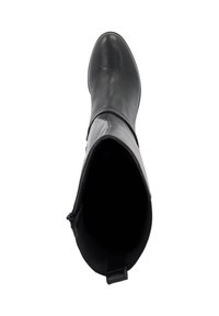 Black leather ankle boot with a rounded toe, smooth texture, and a side zipper for closure. Interior is lined with textile fabric.
