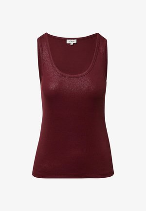 Burgunderfarbener ärmelloser Tanktop aus geripptem Stoff mit Rundhalsausschnitt und dezentem Schimmer für zusätzliche Textur.