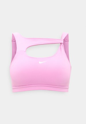 Rosa Sport-BH mit einem einzelnen Schulterriemen in Schlaufen-Design und einem weißen Nike-Logo mittig auf der Vorderseite.