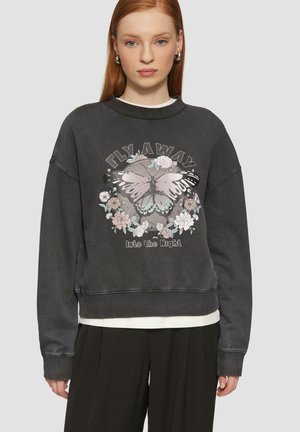 Donkergrijze oversized sweatshirt van een katoenmix, met een vlinderafbeelding omringd door bloemen en tekst. Geribbelde halslijn en manchetten.