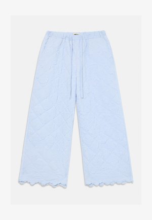 Pantalones de pierna ancha en azul claro con textura de encaje floral, cintura elástica, cordón ajustable y bordes de dobladillo ondulados.