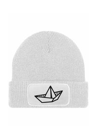 Gray knit beanie with a folded cuff, featuring a black paper boat graphic on a white patch centered on the front.