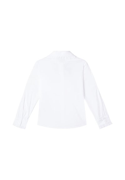 La camicia bianca a maniche lunghe con colletto arricciato, polsini abbottonati e texture liscia, presenta un taglio classico e un design sartoriale.