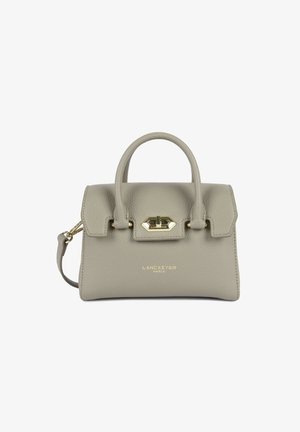 Petit sac à main en cuir taupe avec doubles anses, fermoir doré et logo "LANCASTER PARIS" embossé sur le devant.