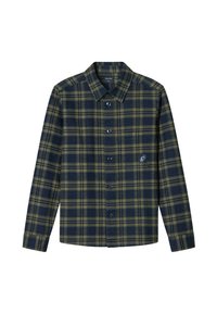 Navy and olive plaid shirt with a button-up front, long sleeves, and a chest pocket. Made of soft fabric with a smooth texture.