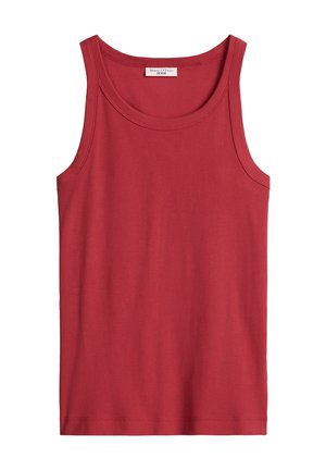 Rotes ärmelloses, geripptes Baumwolltop mit rundem Ausschnitt und Marc O'Polo Denim Etikett im Kragen.