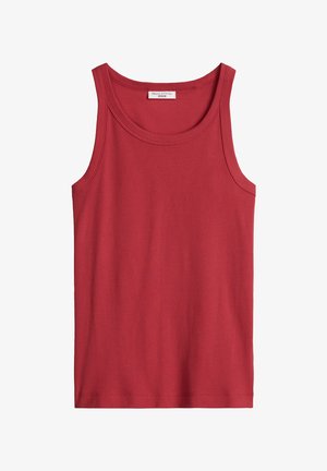 Rotes ärmelloses, geripptes Baumwolltop mit rundem Ausschnitt und Marc O'Polo Denim Etikett im Kragen.