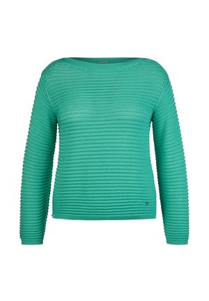 Türkiser gerippter Strickpullover mit langen Ärmeln, weitem Ausschnitt, strukturierten Oberflächte und kleinem Metallelement an der unteren linken Seite.