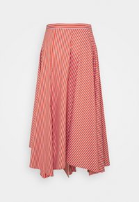 Punainen ja valkoinen raidallinen midi-hame, jossa on levenevä muoto, laskostettu yksityiskohta ja vyötärö. Kangas on sileä.