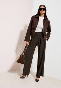 Bruine jas met ritssluiting en twee voorzakken, grijs T-shirt, brede bruine gestreepte broek, puntige bruine hakken en een kleine bruine handtas. Donkere zonnebril.