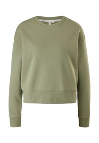 Felpa cropped di un verde chiaro con maniche lunghe, collo a giro e una consistenza liscia. Presenta cuciture sottili lungo l'orlo e i polsini.