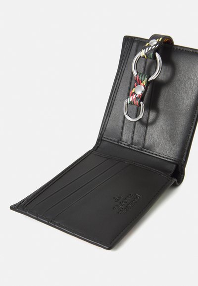 Black leather wallet with four card slots, featuring a colorful strap with metal hardware and debossed logo on the interior.
