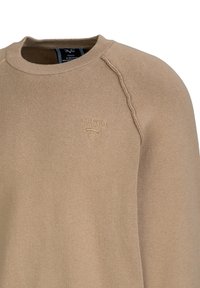 Beige Sweatshirt mit rundem Halsausschnitt, Raglanärmeln und strukturiertem Strick. Mit einem einfarbigen Logo-Print auf der Brust.