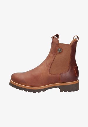 Brown leather ankle boots with elastic side panels, round toe, and textured surface. Features a small pull tab and a rugged sole.
