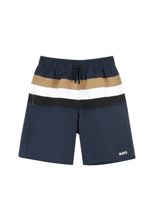 Pantaloni da bagno blu navy con vita elastica, caratterizzati da righe orizzontali in marrone, bianco e nero. Logo "BOSS" in basso a destra.