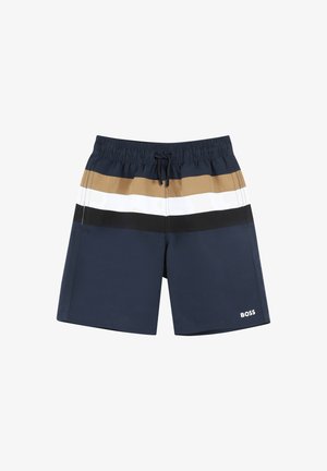 Pantaloni da bagno blu navy con vita elastica, caratterizzati da righe orizzontali in marrone, bianco e nero. Logo "BOSS" in basso a destra.