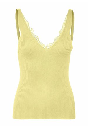 Haut sans manches en maille côtelée vert clair avec col en V orné de dentelle et fines bretelles.