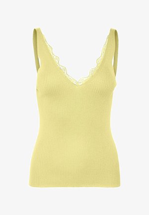 Haut sans manches en maille côtelée vert clair avec col en V orné de dentelle et fines bretelles.