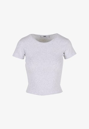 Hallikate lühikeste varrukatega iste t-särk, mis on valmistatud pehmest puuvillast, ringikujulise kaeluse ja sujuva tekstuuriga, millel on peen hallikirju muster.