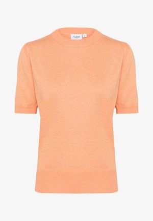 Rövid ujjú, kerek nyakú pulóver puha, világos narancssárga kötésben. Finom textúrával és bordázott szélekkel rendelkezik a nyakrésznél és az alján.