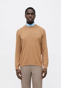 Ljusbrun stickad tröja med rund hals och ribbade kanter, kombinerad med en ljusblå skjorta med krage under. Lacoste-logotypen visas på bröstet.