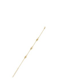 Goldarmband mit einer zarten Kette, das drei strukturierte ovale Glieder aufweist, die mit kleinen, runden klaren Steinen akzentuiert sind.