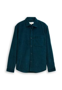 Teal corduroy overhemd met lange mouwen, knoopsluiting aan de voorkant, puntige kraag en een borstzak. Heeft verticale ribbels en een gebogen zoom.