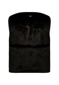 Zwarte nepbont vest met een hoge hals en een gladde, zachte textuur. Bevat een verborgen haaksluiting aan de bovenkant voor een strakke afwerking.